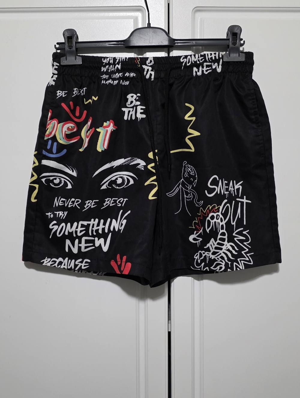 Shein Mens S Black Board Shorts Artsy Letter Graffiti Print Elastic Drawstring